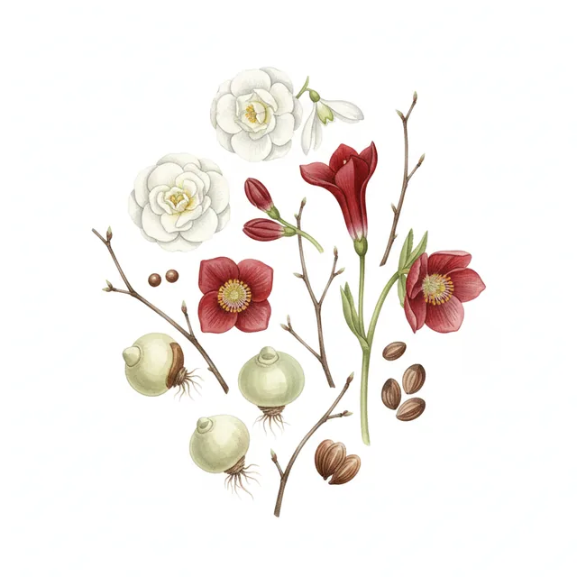 Assortiment pour Jardiner en Février, illustration botanique