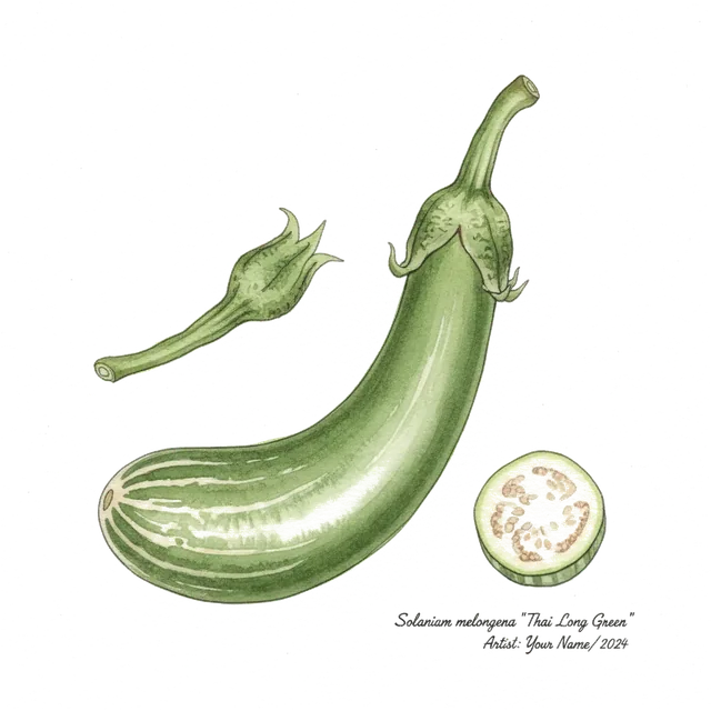 Aubergine Thai Long Green, illustration botanique