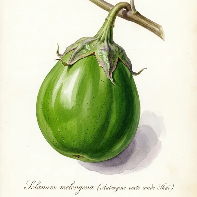 Aubergine verte ronde Thaï, illustration botanique