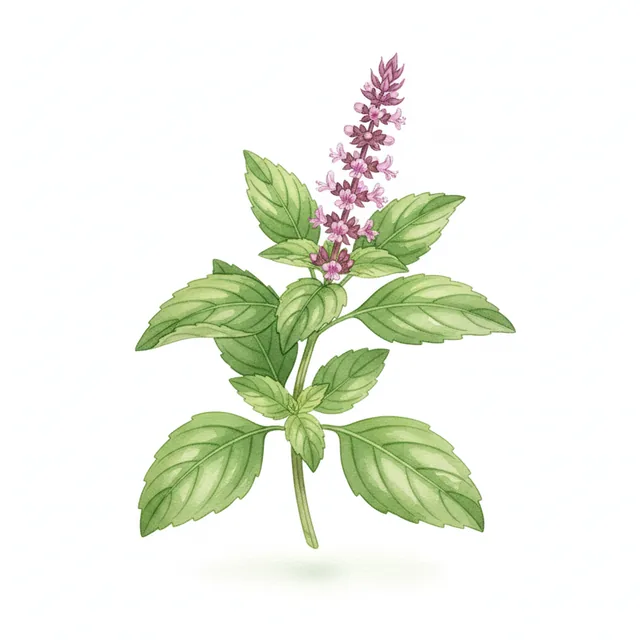 Basilic Thai ou Indonesien, illustration botanique