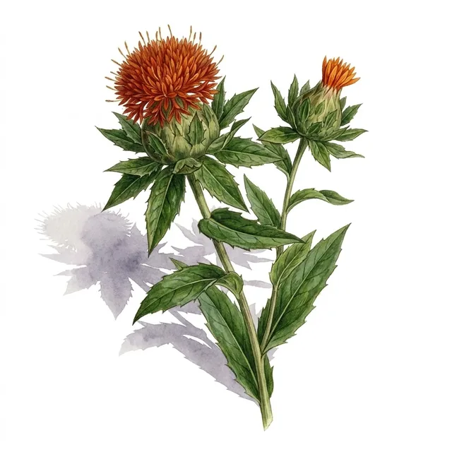 Carthame ou Safran des Teinturiers Orange, illustration botanique