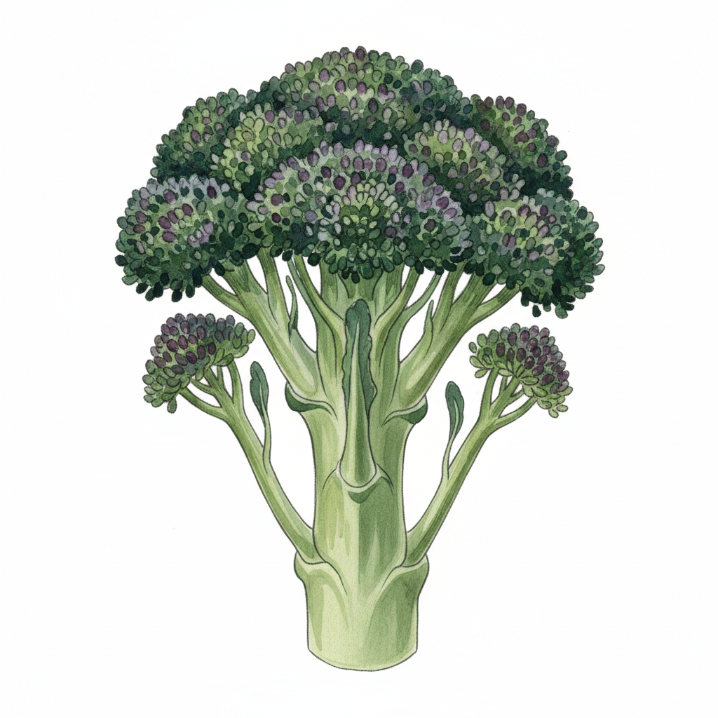 Aquarelle botanique Chou Brocoli Branchu A Jets Pourpres
