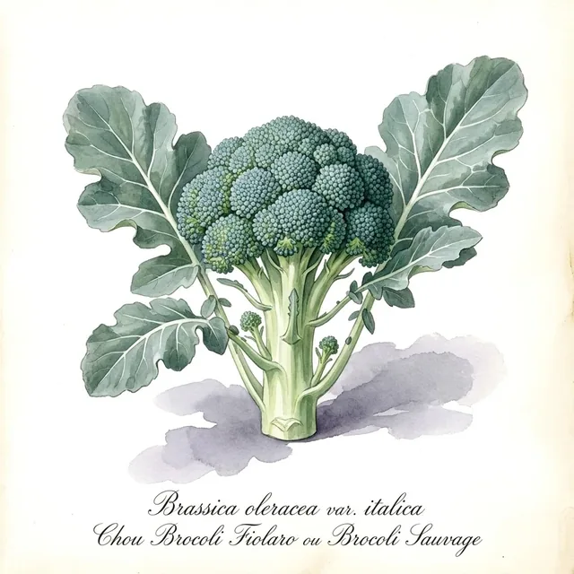 Chou Brocoli Fiolaro ou Brocoli Sauvage, illustration botanique