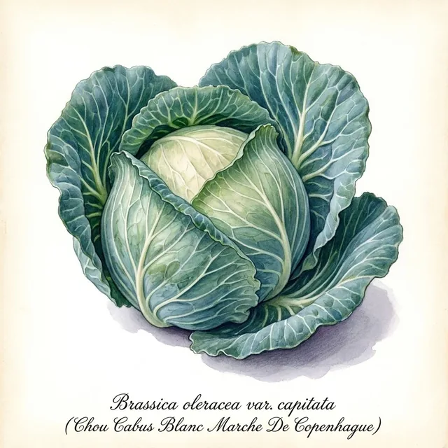 Chou Cabus Blanc Marche De Copenhague, illustration botanique