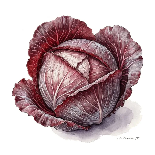 Chou cabus rouge Amarant, illustration botanique