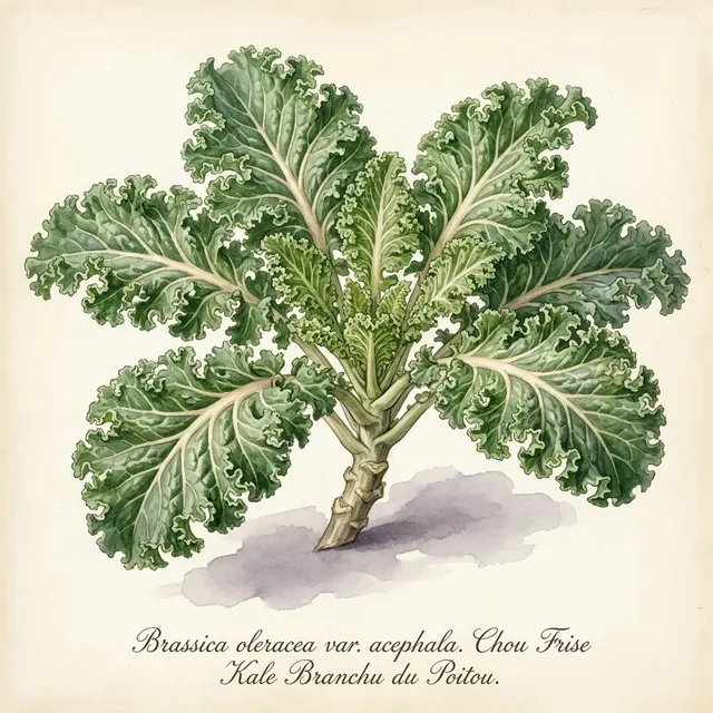 Chou Frise Kale Branchu du Poitou, illustration botanique