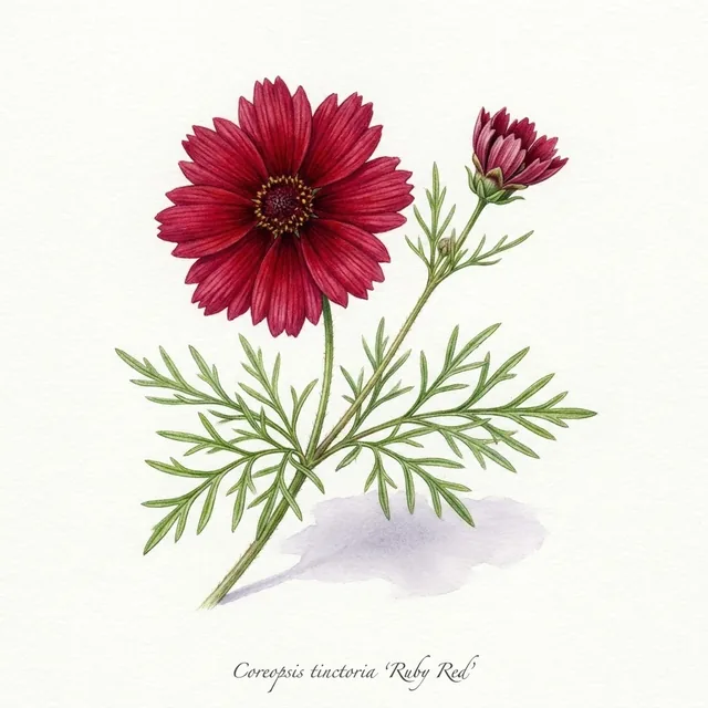 Coreopsis Ruby Red, illustration botanique
