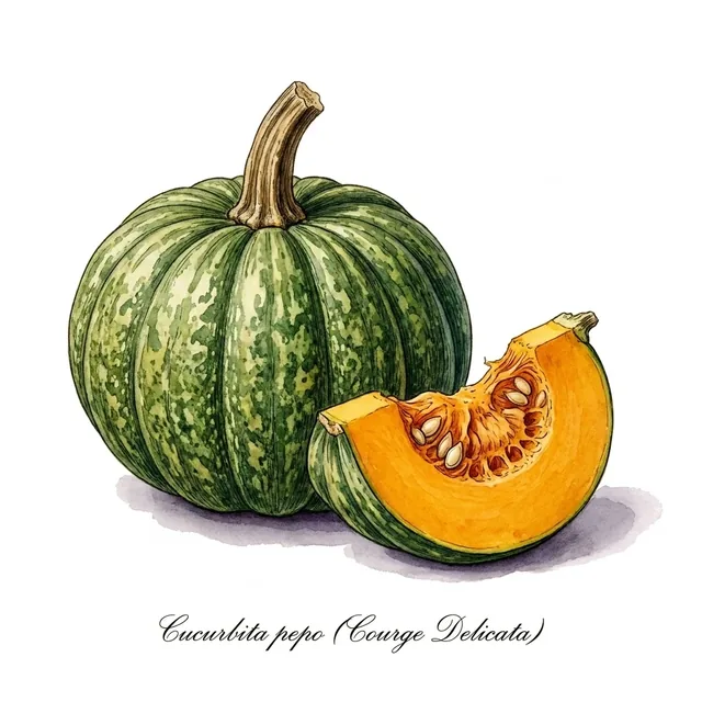 Courge Delicata (Sweet Potato), illustration botanique
