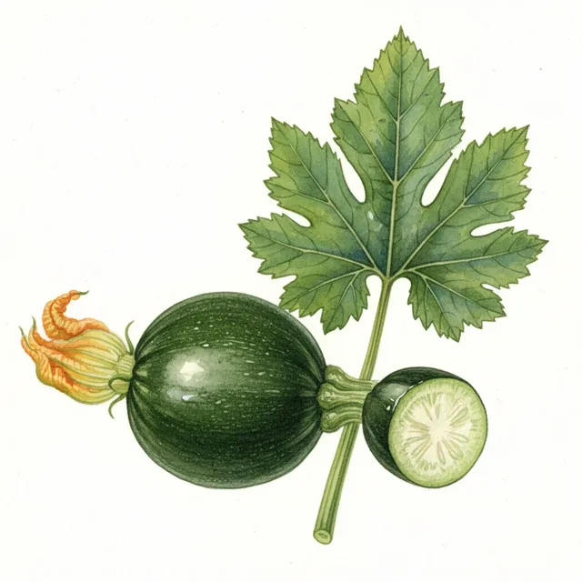 Courgette De Nice A Fruit Rond, illustration botanique