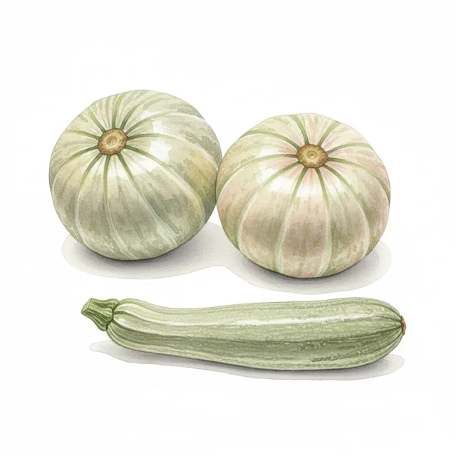 COURGETTES EN MELANGE (Ronde de Nice et Grisette de Provence), illustration botanique