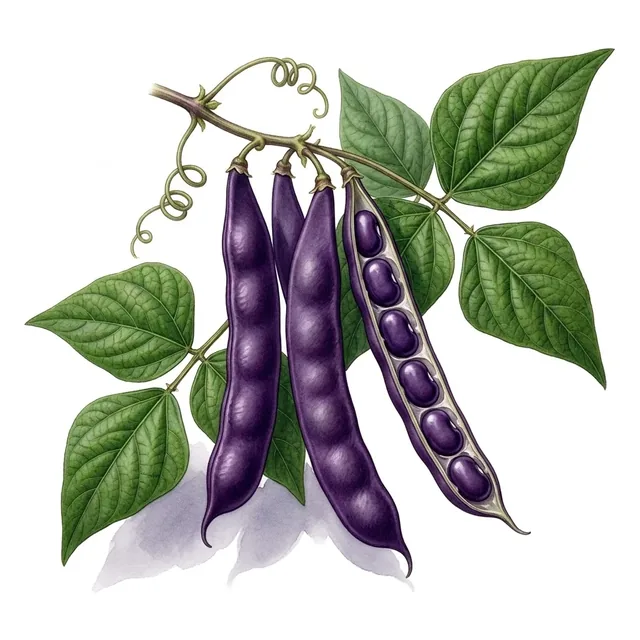 Haricot à rames mangetout à cosses violettes, illustration botanique
