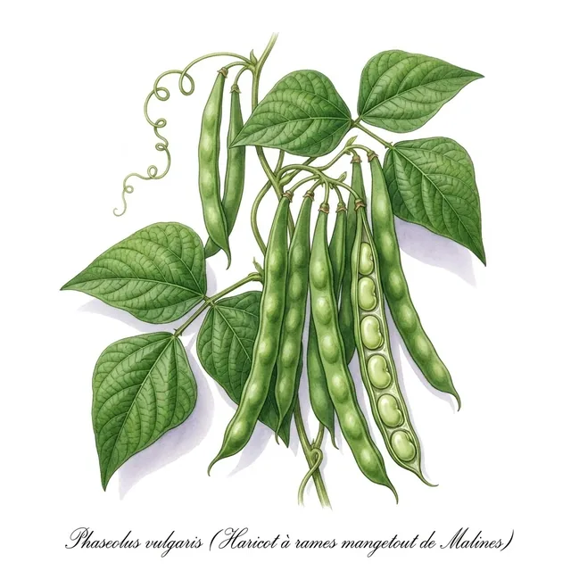Haricot à rames mangetout de Malines, illustration botanique