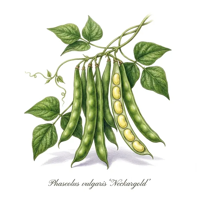Haricot mangetout à rames Neckargold, illustration botanique