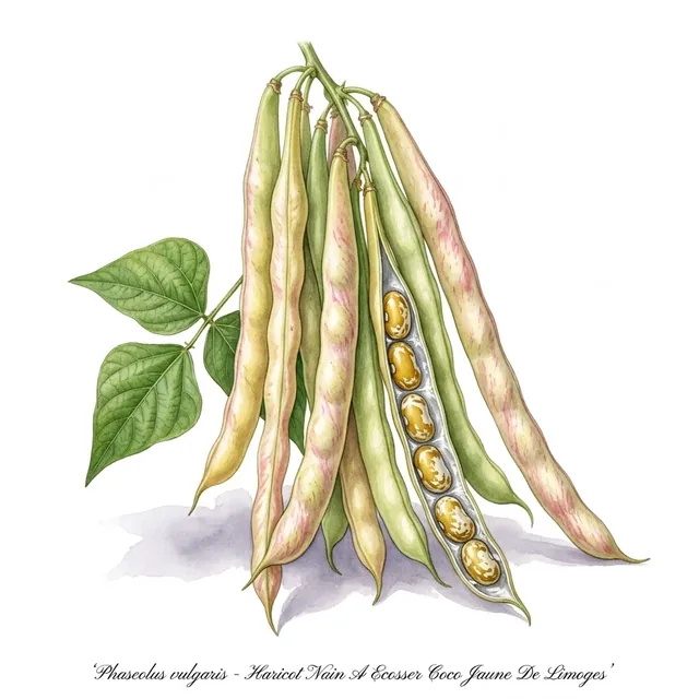 Haricot Nain A Ecosser Coco Jaune De Limoges, illustration botanique