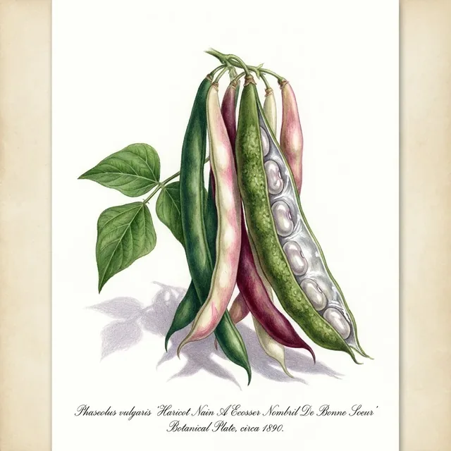 Haricot Nain A Ecosser Nombril De Bonne Soeur, illustration botanique