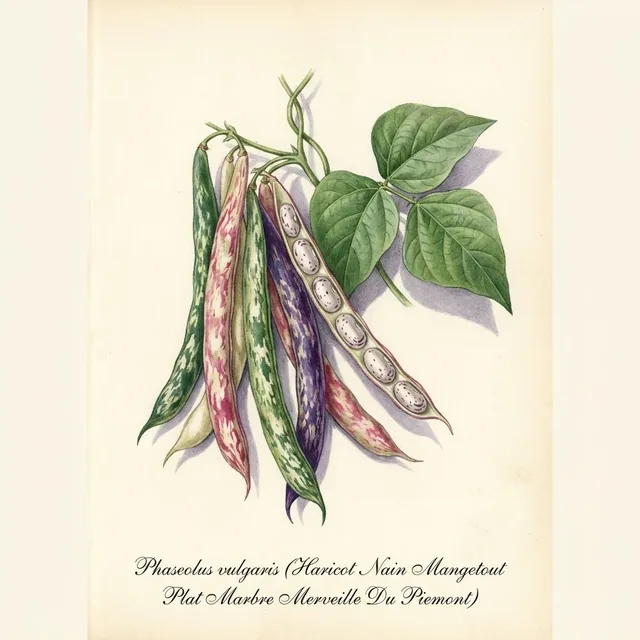 Haricot Nain Mangetout Plat Marbre Merveille Du Piemont, illustration botanique