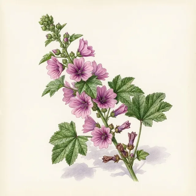Mallow Malva sylvestris, illustration botanique