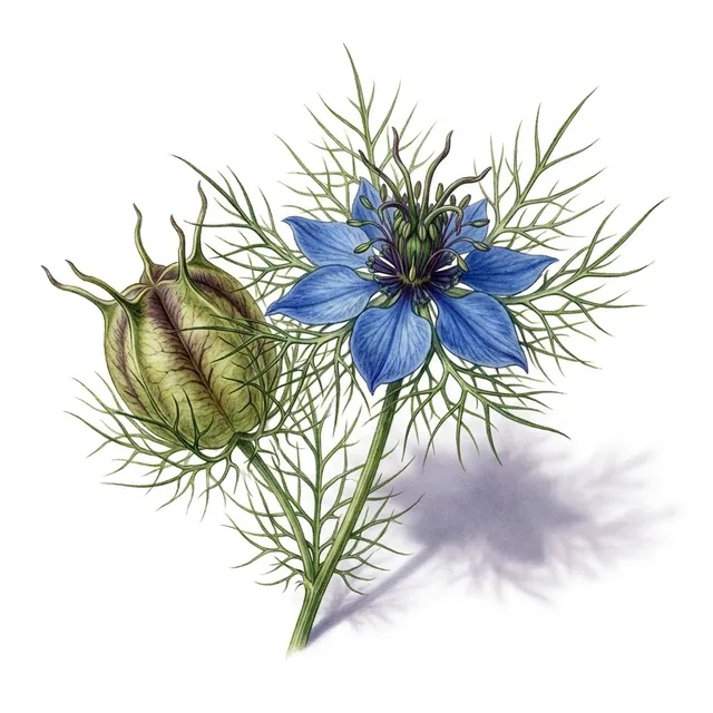 Nigelle de Damas, illustration botanique