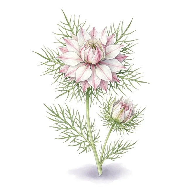 Nigelle De Damas Blanche Miss Jekyll White, illustration botanique