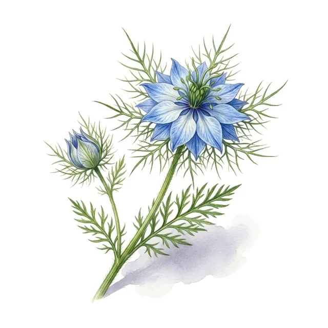 Nigelle De Damas Bleue, illustration botanique