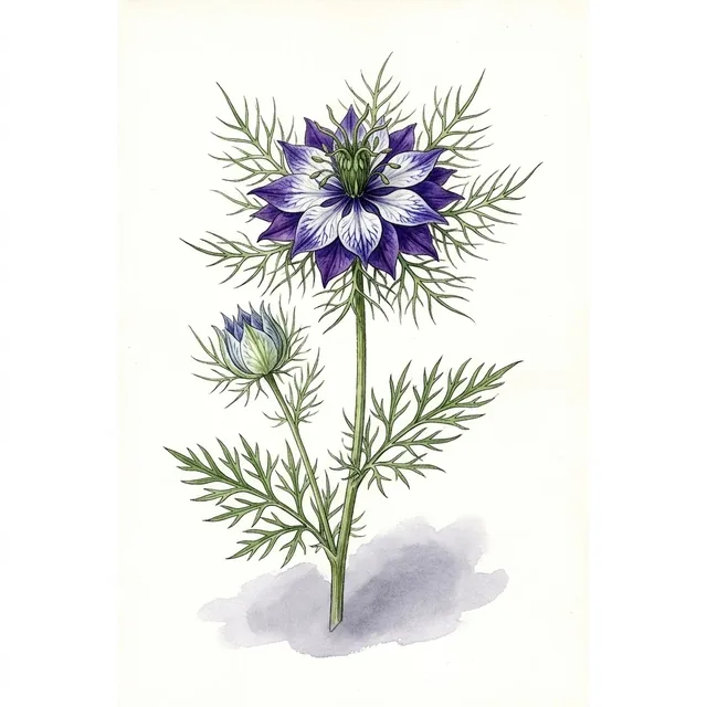 Nigelle Papilleuse Bleue Delft Blue, illustration botanique