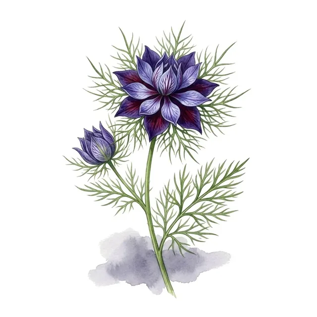 Nigelle Papilleuse Violette Midnight Blue, illustration botanique