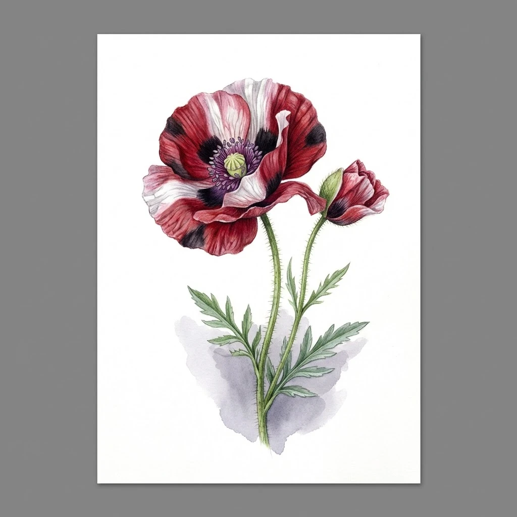 Aquarelle botanique Pavot Bicolore En Melange