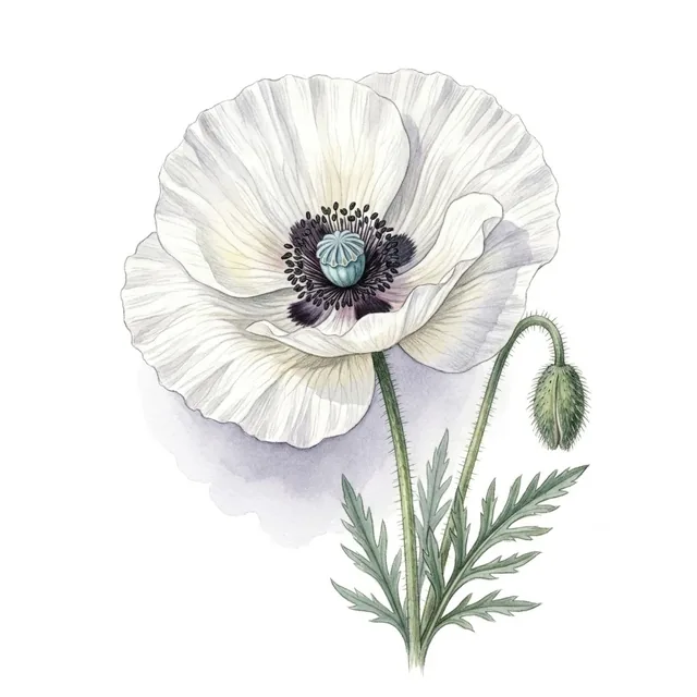 Pavot des Jardins Blanc, illustration botanique