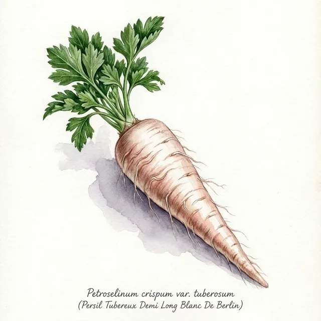 Persil Tubereux Demi Long Blanc De Berlin, illustration botanique