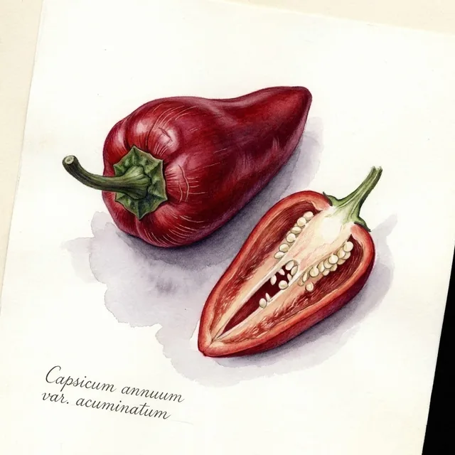 Piment Fish Pepper, illustration botanique