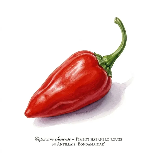 PIMENT HABANERO ROUGE ou ANTILLAIS ´BONDAMANJAK´, illustration botanique