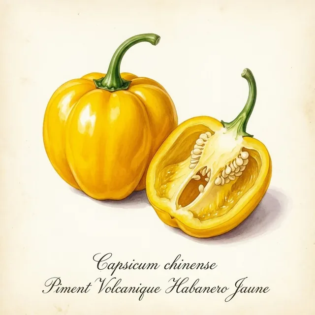 Piment Volcanique Habanero Jaune, illustration botanique