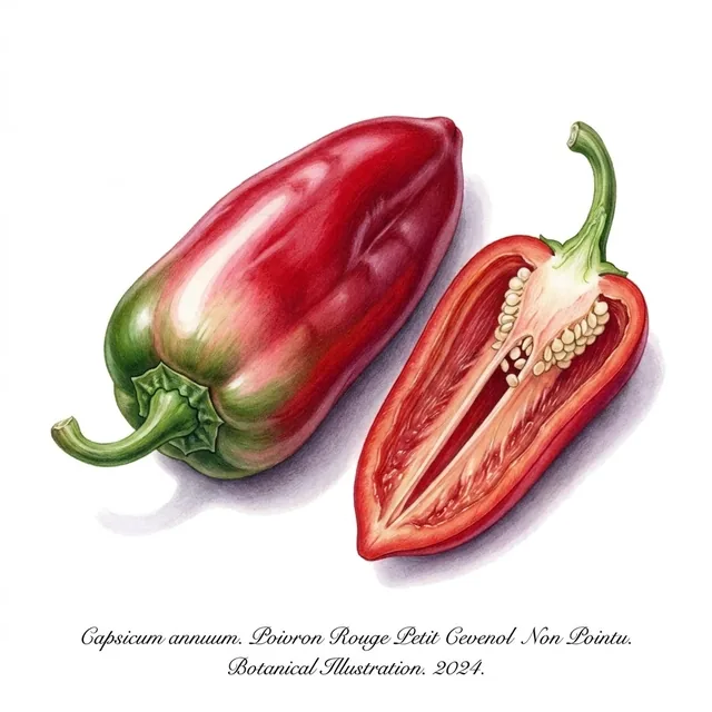 Poivron Rouge Petit Cevenol Non Pointu, illustration botanique