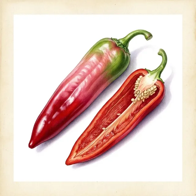 Poivron Rouge Tres Long Des Landes, illustration botanique