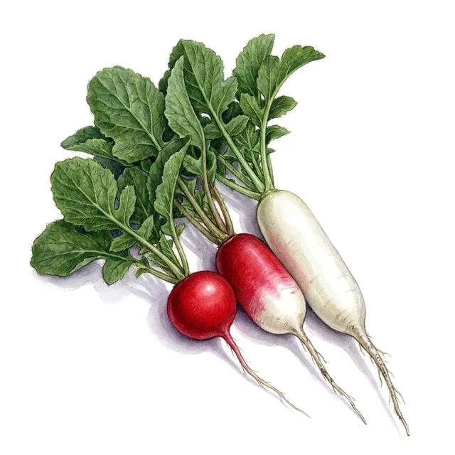 RADIS EN MELANGE (Sora - Flamboyant - Chandelle de Glace), illustration botanique